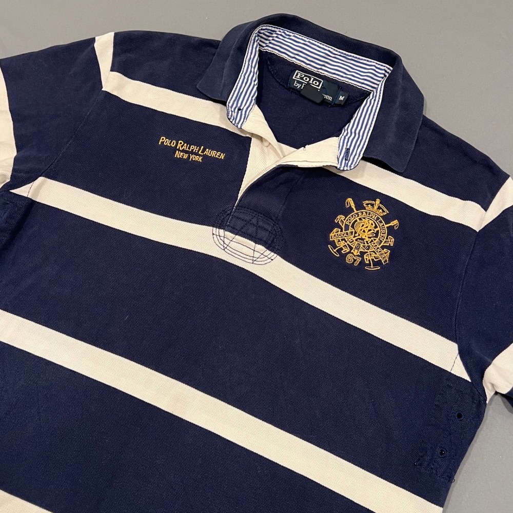 Polo Ralph Lauren Mens M Rugby Shirt Navy White Striped Embroidered Crest Polo